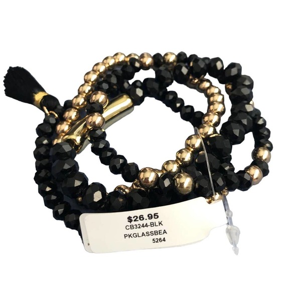 Francesca's Glass Beaded‎ Tassel Bracelet Set Black Gold - Picture 6 of 6